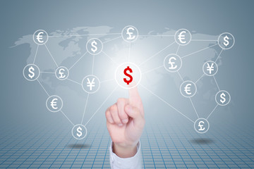 Hand select creative images of dollar signs, currency, economy and investment concepts on the screen