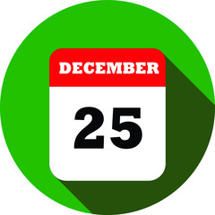 25 December calendar vector flat icon with long shadow in Christmas tone