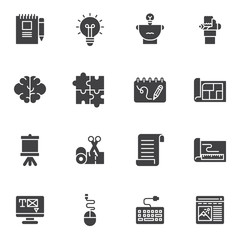 Creative idea vector icons set, modern solid symbol collection, filled style pictogram pack. Signs, logo illustration. Set includes icons as lamp, puzzle, brainstorming, graphic design, blueprint plan