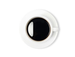 Top view of Hot fresh black coffee in a white cup with white plate isolated on white background. Clipping path.