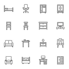 Interior furniture line icons set. Home decor linear style symbols collection, outline signs pack. vector graphics. Set includes icons as bed, office chair, cupboard, tv stand, table, dressing cabinet