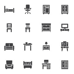 Interior furniture vector icons set, Home decor modern solid symbol collection filled style pictogram pack. Signs, logo illustration. Set includes icons as bed, office chair, cupboard, tv stand, table