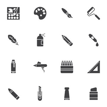 Painting tool vector icons set, modern solid symbol collection, filled style pictogram pack. Signs, logo illustration. Set includes icons as color palette paintbrush, pipette, pencil, sprayer, eraser