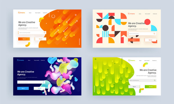 Creative Agency landing page design set in different abstract pattern background.