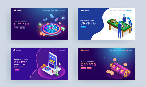 Landing page design set with illustration of gambler characters, roulette wheel, slot machine and crypto coins for Play Casino Using Crypto.