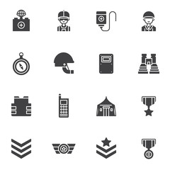 Military vector icons set, modern solid symbol collection, filled style pictogram pack. Signs, logo illustration. Set includes icons as helmet, binoculars, fighter jet pilot, body armor, military rank