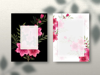 Greeting card or template design decorated with pink flowers and leaves in two color option.