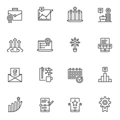 Business success line icons set. linear style symbols collection, outline signs pack. vector graphics. Set includes icons as growing graph, money tree, rating stars, feedback hearts, business diagram