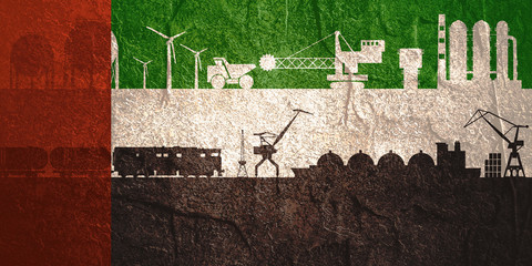 Energy and power icons set on United Arab Emirates flag backdrop. Header or footer banner. Sustainable energy generation, transportation and heavy industry.