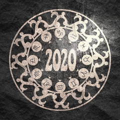New Year and Christmas celebration card template. Zodiac circle with 2020 new year number.