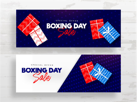 Boxing Day Sale header or banner design set with top view of gift boxes on white and blue dots background.