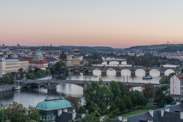 Fototapeta na wymiar Sunset and Night view of the cityscapes in Prague old city and Vltava river, Czech Republic
