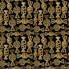 Candies gold hand painted seamless pattern. Abstract sweets golden background. Dessert texture in vintage style.