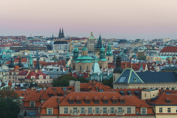 Sunset and Night view of the cityscapes in Prague old city and The Church of Mother of God before Týn, Czech Republic