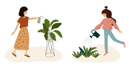 Cute girls watering plant at garden, cozy home. Young women taking care of houseplants, spray leaves by sprayer, growing flower in pot. Vector illustration of urban jungle, lifestyle, slow life, hobby