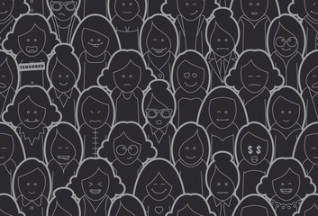 Vector seamless texture line funny cartoon women. Black background.