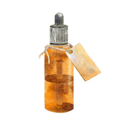 Watercolor brown bottle of oil with a tag.