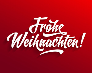 Fototapeta na wymiar Frohe Weihnachten - Merry Christmas in German language red flat background card template calligraphy design
