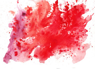 A large watercolor bloody red spot on a horizontal background with small violet and pink splashes with a smooth transition. Hand-drawn illustration of dynamic hot splashes of liquid paint. Isolated on