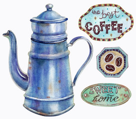 blue vintage french coffee pot and labels in vintage style