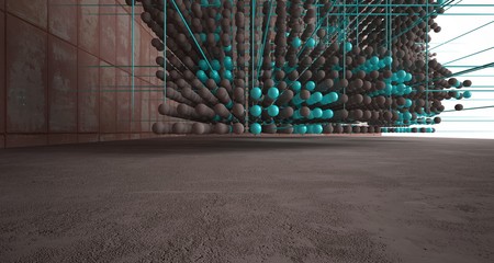 Abstract architectural concrete  interior  from an array of blue spheres with large windows. 3D illustration and rendering.