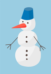 Vector hand drawn winter illustration of a snowman with a carrot and a bucket on a blue background. Design greeting cards, posters, gift wrapping.