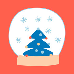 Vector hand drawn illustration snow globe with snowflakes and christmas tree. For the design of cards, posters, gift wrapping.