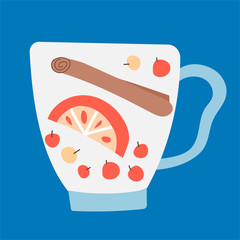 Vector hand drawn illustration of a glass with berries, orange slice and cinnamon for a drink. Tea, mulled wine or a hot winter drink in a modern style on a blue background. Design greeting cards, pos