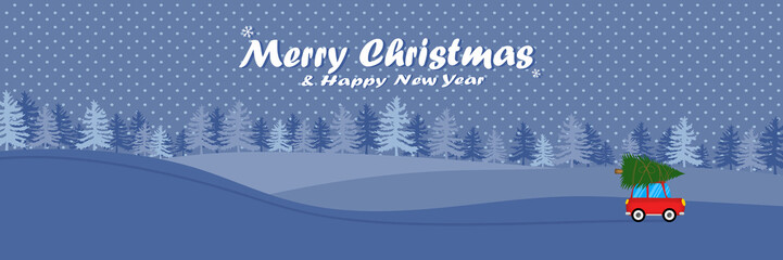 Merry Christmas and New Year on holidays background, landscape background, snow, banner design, light, stars, xmas card, Vector Illustration.