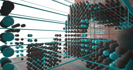 Abstract architectural concrete  interior  from an array of blue spheres with large windows. 3D illustration and rendering.