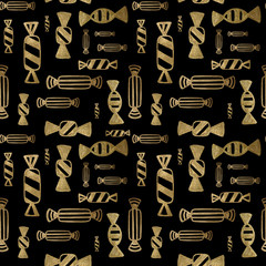 Candies gold hand painted seamless pattern. Abstract sweets golden background. Dessert texture in vintage style.