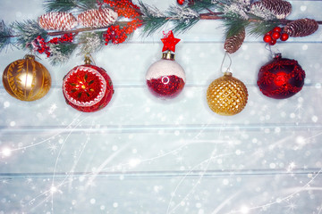 winter background with fir branches decor and snow