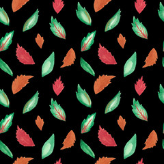 Seamless pattern hand-painted watercolor leaves to branches on a black background Pattern for fabric, invitations, wrapping paper, digital paper, card