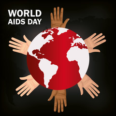 poster of world aids day with planet earth and hands vector illustration design
