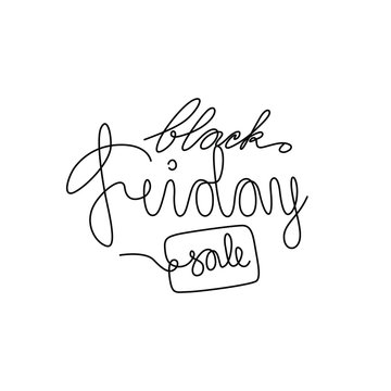 Black Friday hand lettering ans sale tag, emblem or logo design, continuous line drawing, tattoo, inscription, print for clothes, t-shirt,  one single line on a white background, isolated vector.