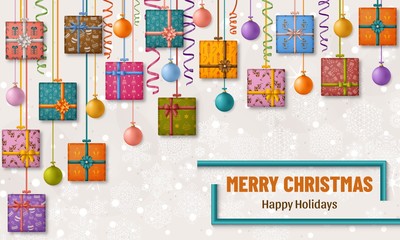 Fototapeta premium Merry Christmas background with gift boxes, ribbon, bows and Christmas balls
