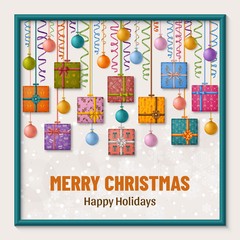 Merry Christmas background with gift boxes, ribbon, bows and Christmas balls