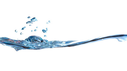 Close up wave clear Water splash with air bubbles on white background for effect and wallpaper.