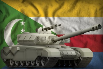 heavy tank on the Comoros national flag background. 3d Illustration