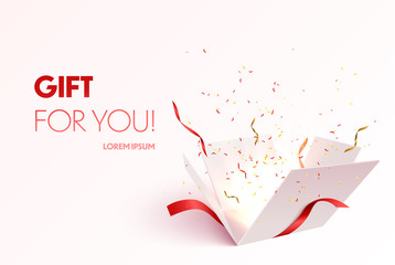 Open gift box with confetti burst explosion isolated. 3d vector background. - 306305582