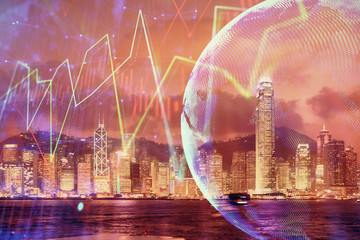 Multi exposure of forex chart drawings over cityscape background. Concept of success.