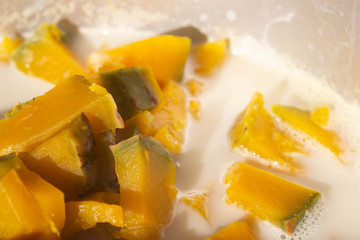 Close up pumpkin in sweet coconut milk , Thai food.