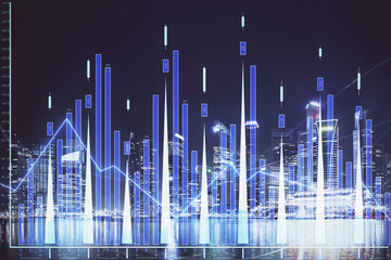 Financial chart on city scape with tall buildings background multi exposure. Analysis concept.