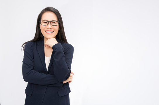  Portrait of smiling confident asian business woman with arm cross in office. Asian business girl standing. Startup successful business executive people looking at camera concept with copy space