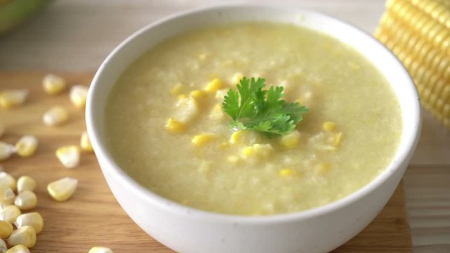 corn soup bowl on wood board