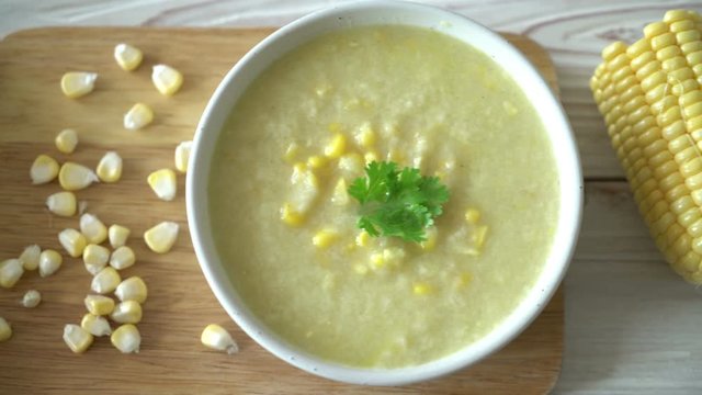 corn soup bowl on wood board