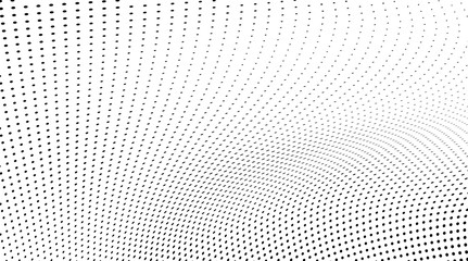 Abstract halftone texture in the form of a wave. Monochrome art background of black dots on white. Vector chaotic pattern. Template for printing and design of business cards, labels, posters