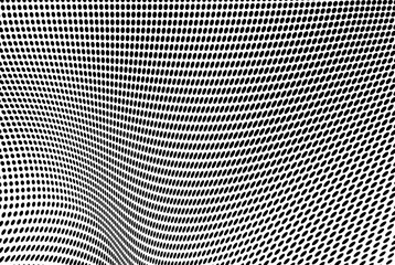Abstract halftone texture in the form of a wave. Monochrome art background of black dots on white. Vector chaotic pattern. Template for printing and design of business cards, labels, posters