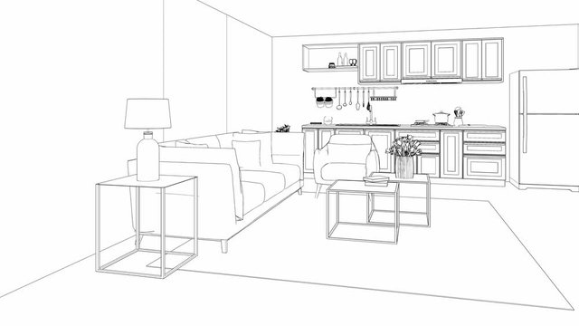 sketch of living room interior, 3d animation video 4k