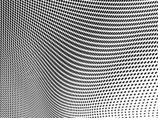 Abstract halftone texture in the form of a wave. Monochrome art background of black dots on white. Vector chaotic pattern. Template for printing and design of business cards, labels, posters